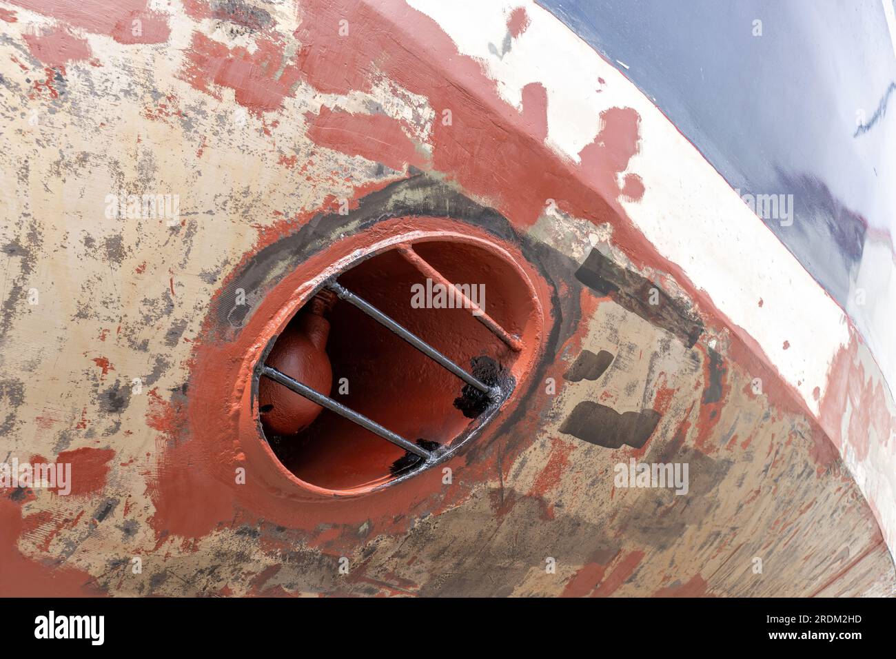 bow thruster of an onshore stored motorboat Stock Photo