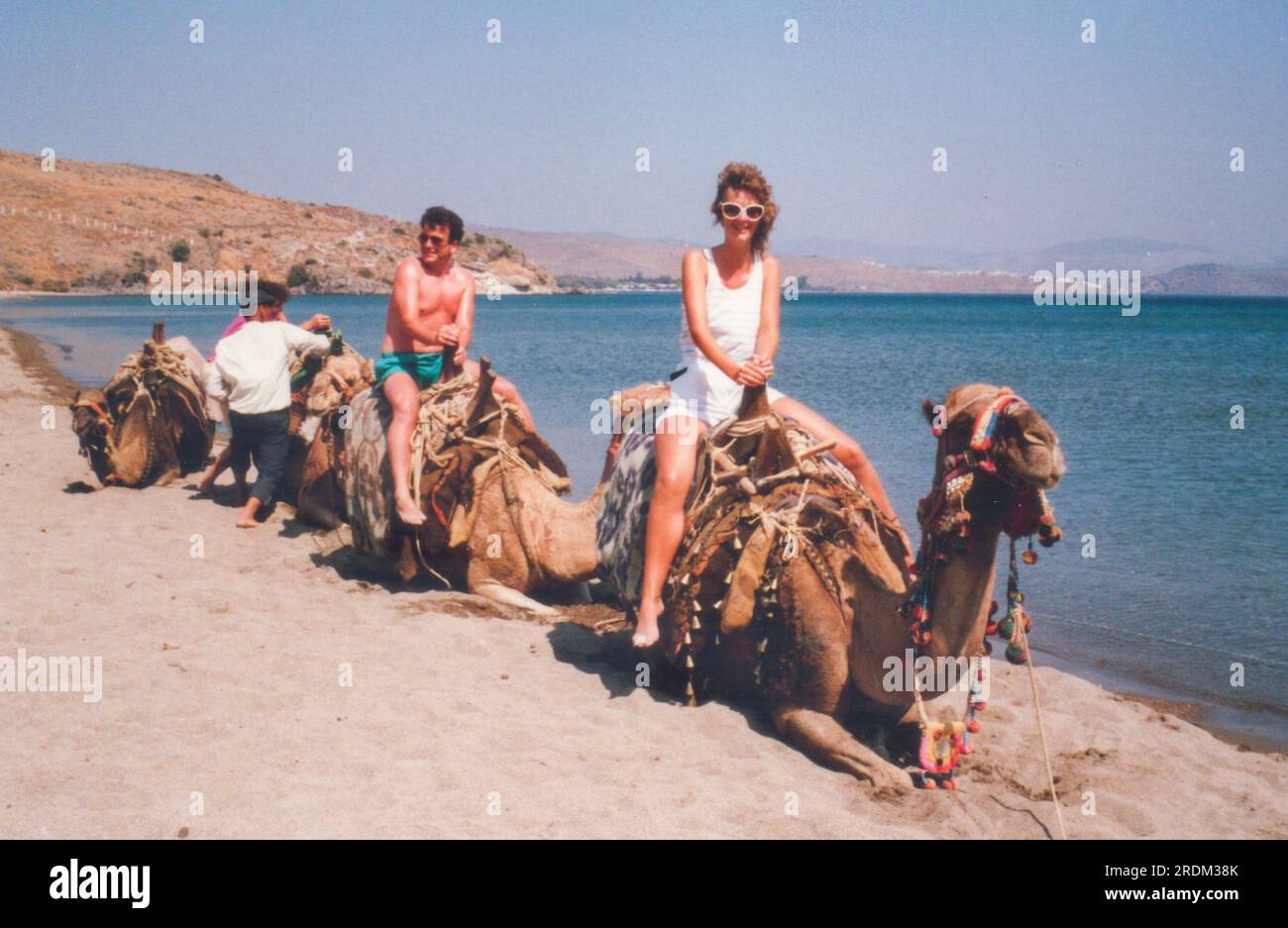 Tourists riding camels on the beach near Bodrum , Turkey in late summer ...