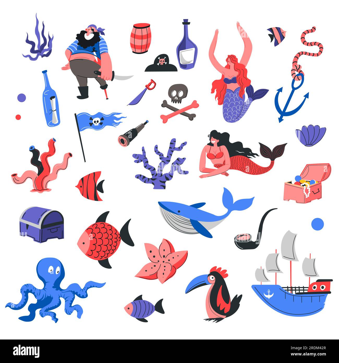 Marine and nautical life, underwater sea and ocean dwellers. Mermaid and seaweed, chest with pirate treasures, bottle of run and fish, octopus and shi Stock Vector
