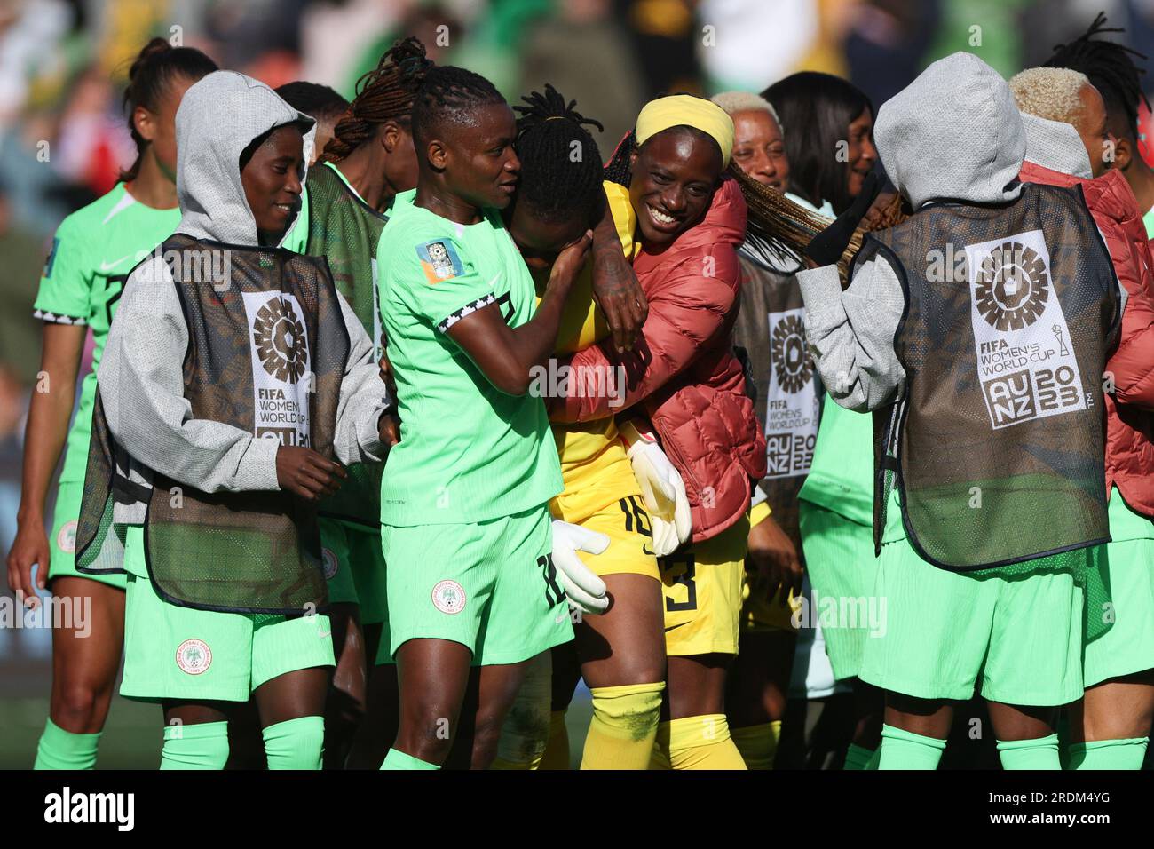 Nigeria's goalkeeper Chiamaka Nnadozie is hugged by teammates following the  Women's World Cup Group B soccer match between Nigeria and Canada in  Melbourne, Australia, Friday, July 21, 2023. (AP Photo/Hamish Blair Stock