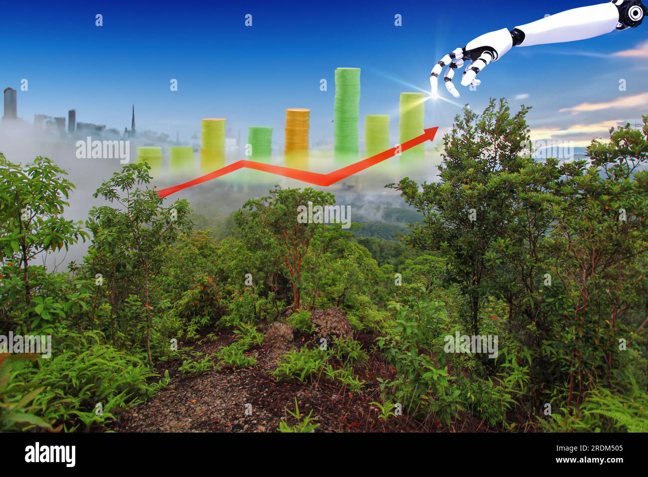 Futuristic robot hand pointing at growing graph on the city background ...