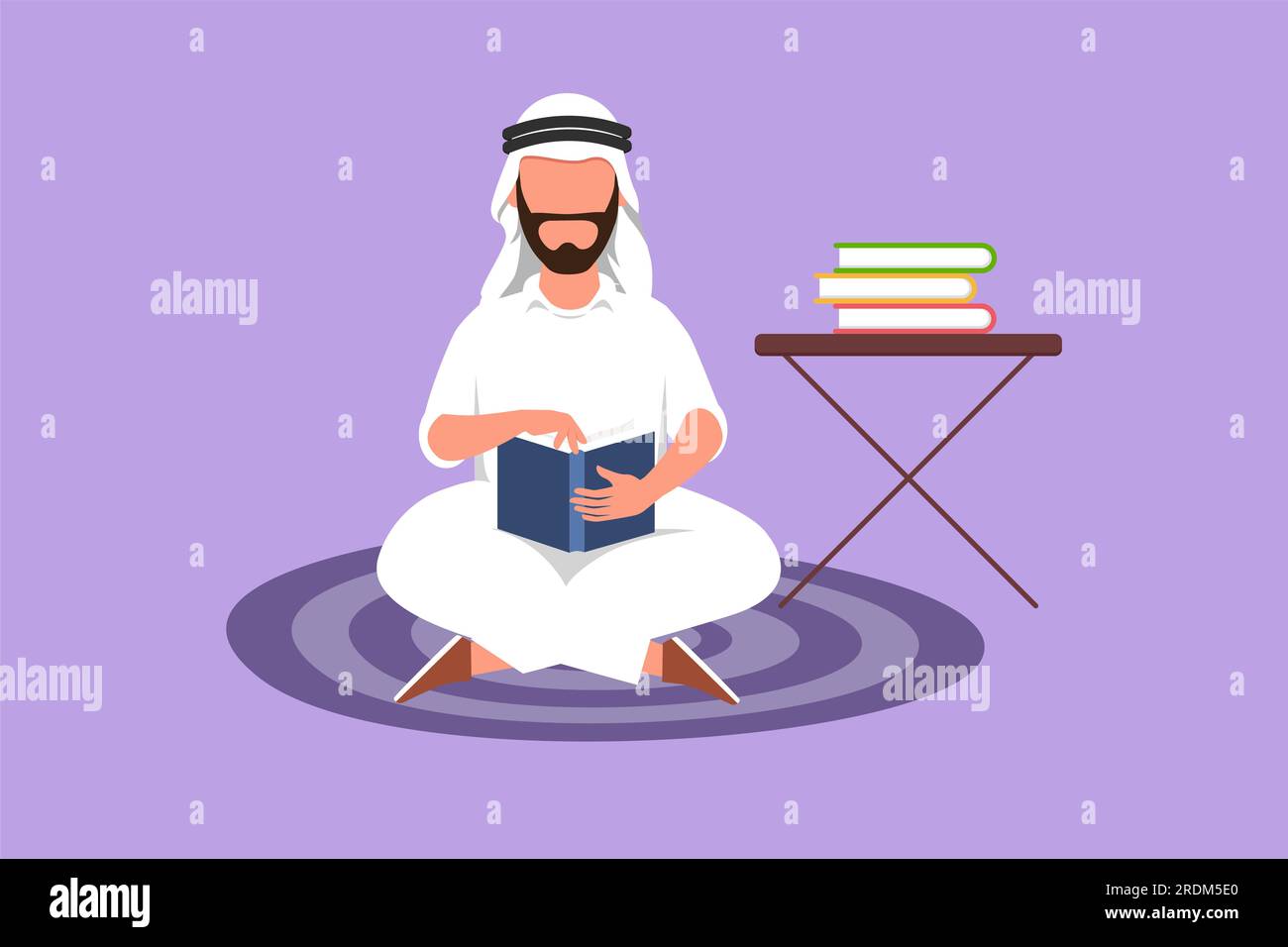 Character flat drawing Arabian male reading, learning and sitting on the floor. Pile of books on table. Study in library. Intelligent student, educati Stock Photo