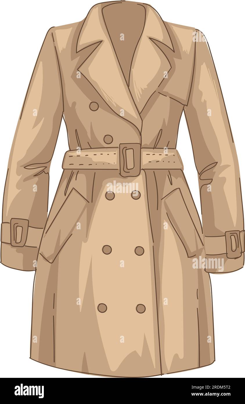 Fashionable autumn or spring clothes for women, isolated trench coat traditional french clothing for elegant outfit. Jacket with belt and buttons. For Stock Vector