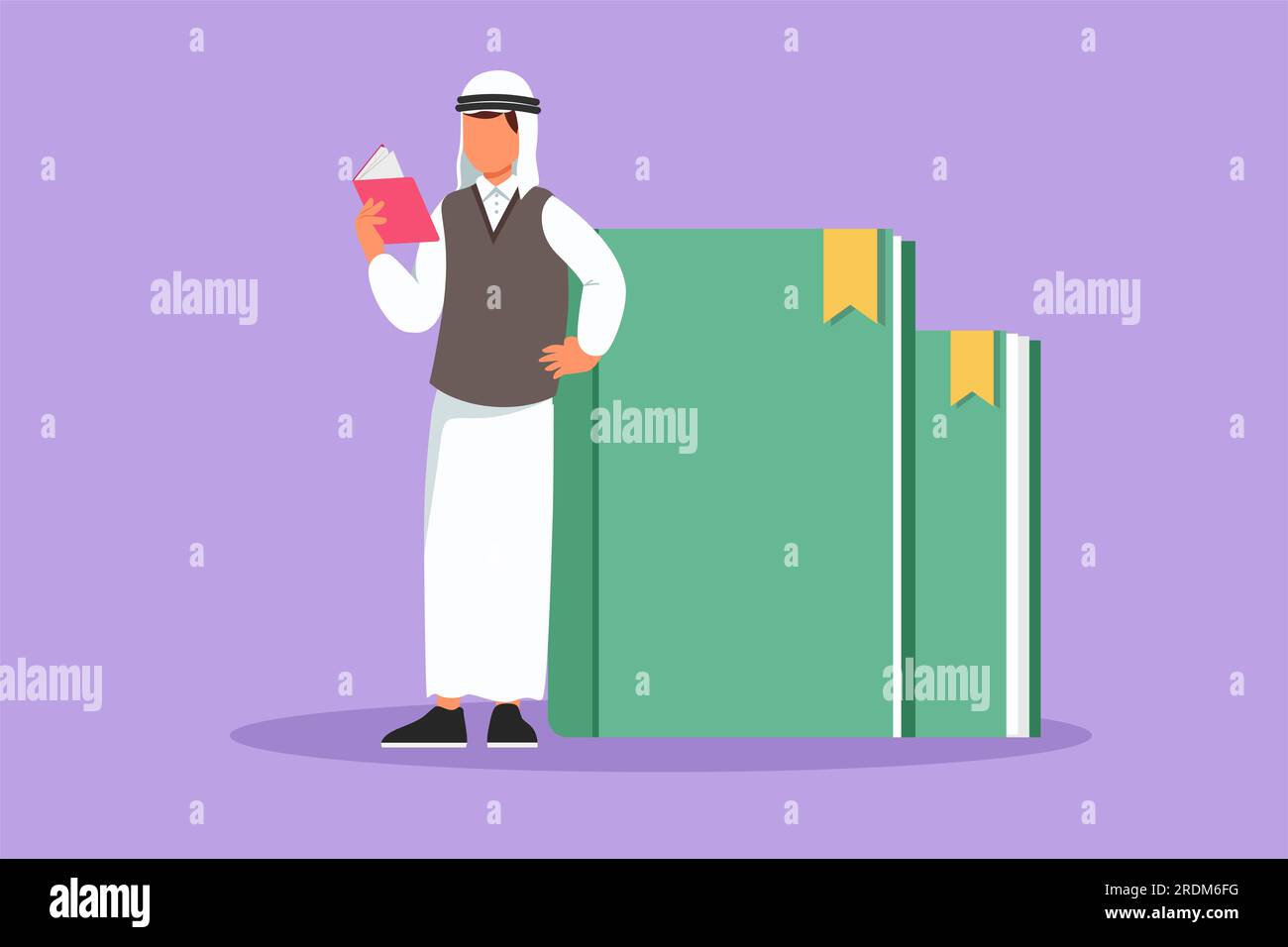 Graphic flat design drawing Arab man reading and standing on big book ...