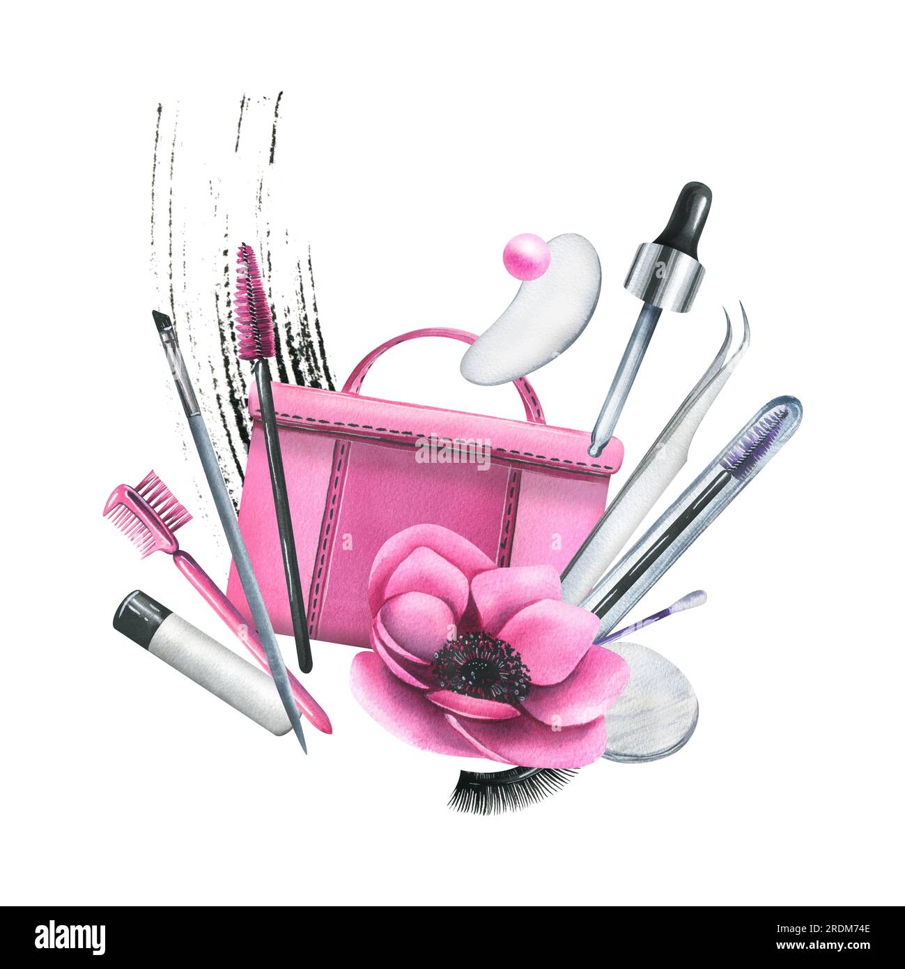 Cosmetic bag with creams, brushes and makeup products pink with flowers