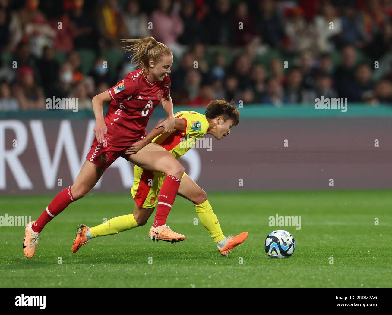 Perth, Australia. 22nd July, 2023. Lou Jiahui (R) of China vies with Karen Holmgaard of Denmark during the group D match between Denmark and China at the 2023 FIFA Women's World Cup in Perth, Australia, July 22, 2023. Credit: Ding Xu/Xinhua/Alamy Live News Stock Photo
