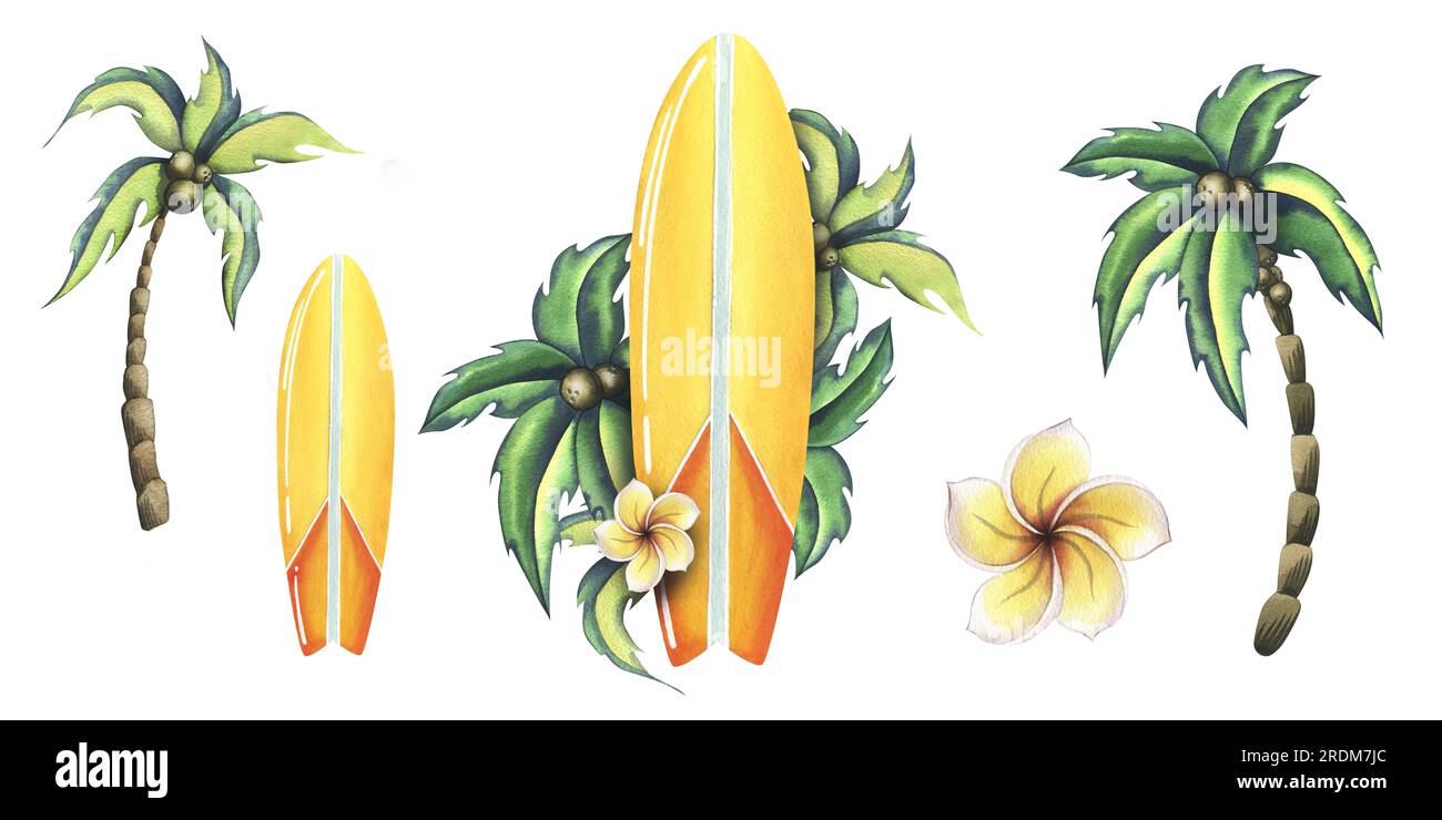 Surfboard in yellow and orange with stripes with tropical leaves and ...