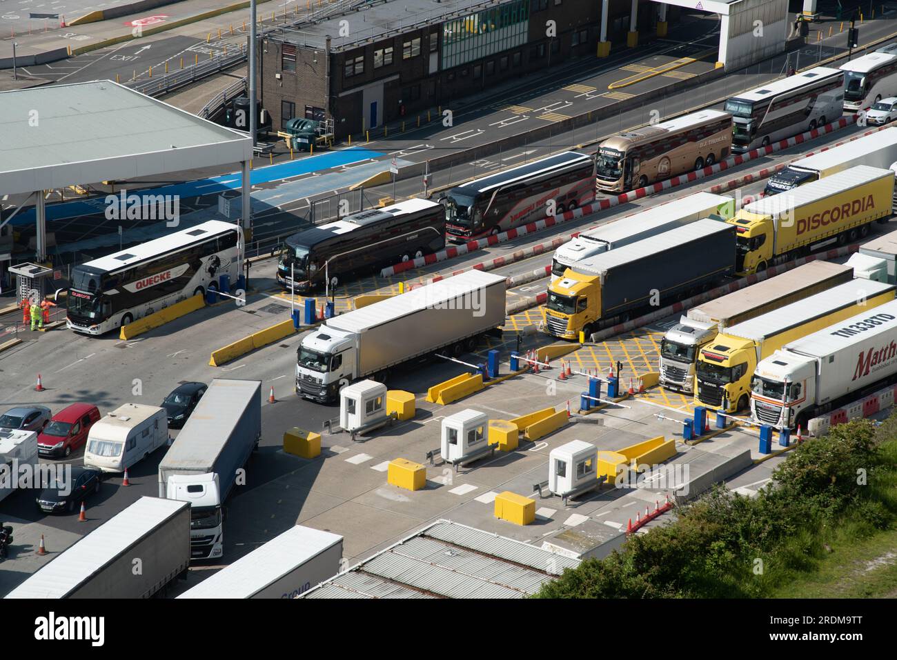 Dover, United Kingdom, June 09 2023 : Trucks on port of Dover docks station. Dover harbour connects Europe with United Kingdom and handles passengers, Stock Photo