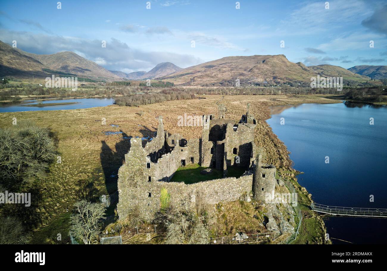 Drone shot of Kilchurn Castle, Lochawe. Built in the 15th century by