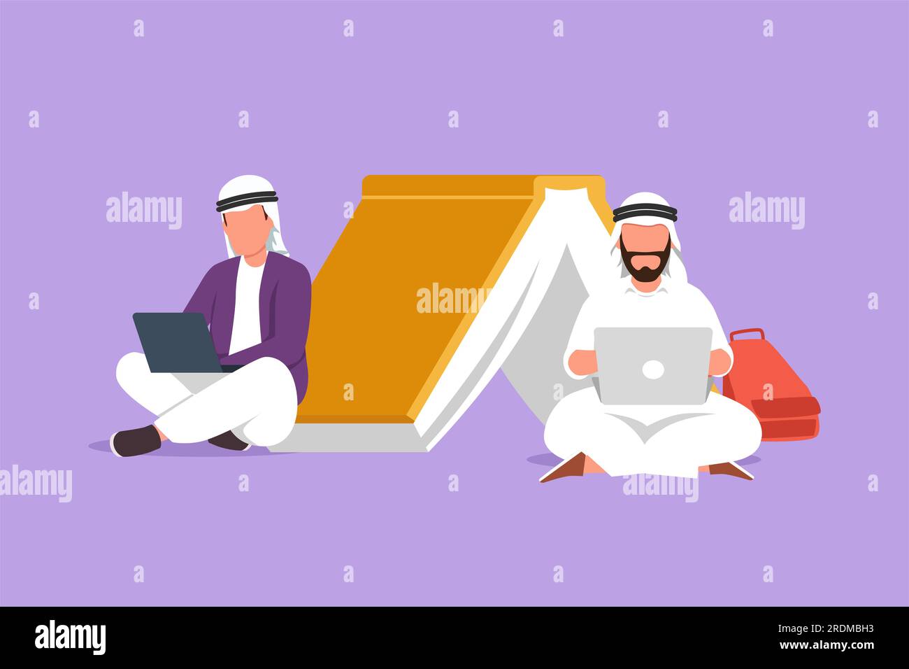 Graphic flat design drawing two Arab man studying with laptop and ...