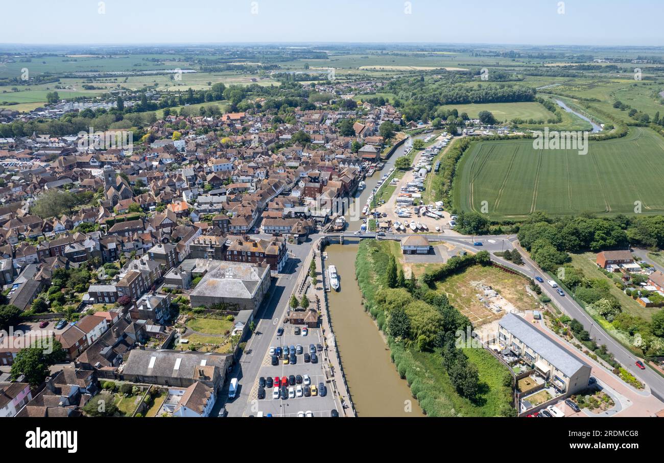 Drone aerial scenery of Sandwich village in Kent United Kingdom. Top view scenery of villages. Stock Photo