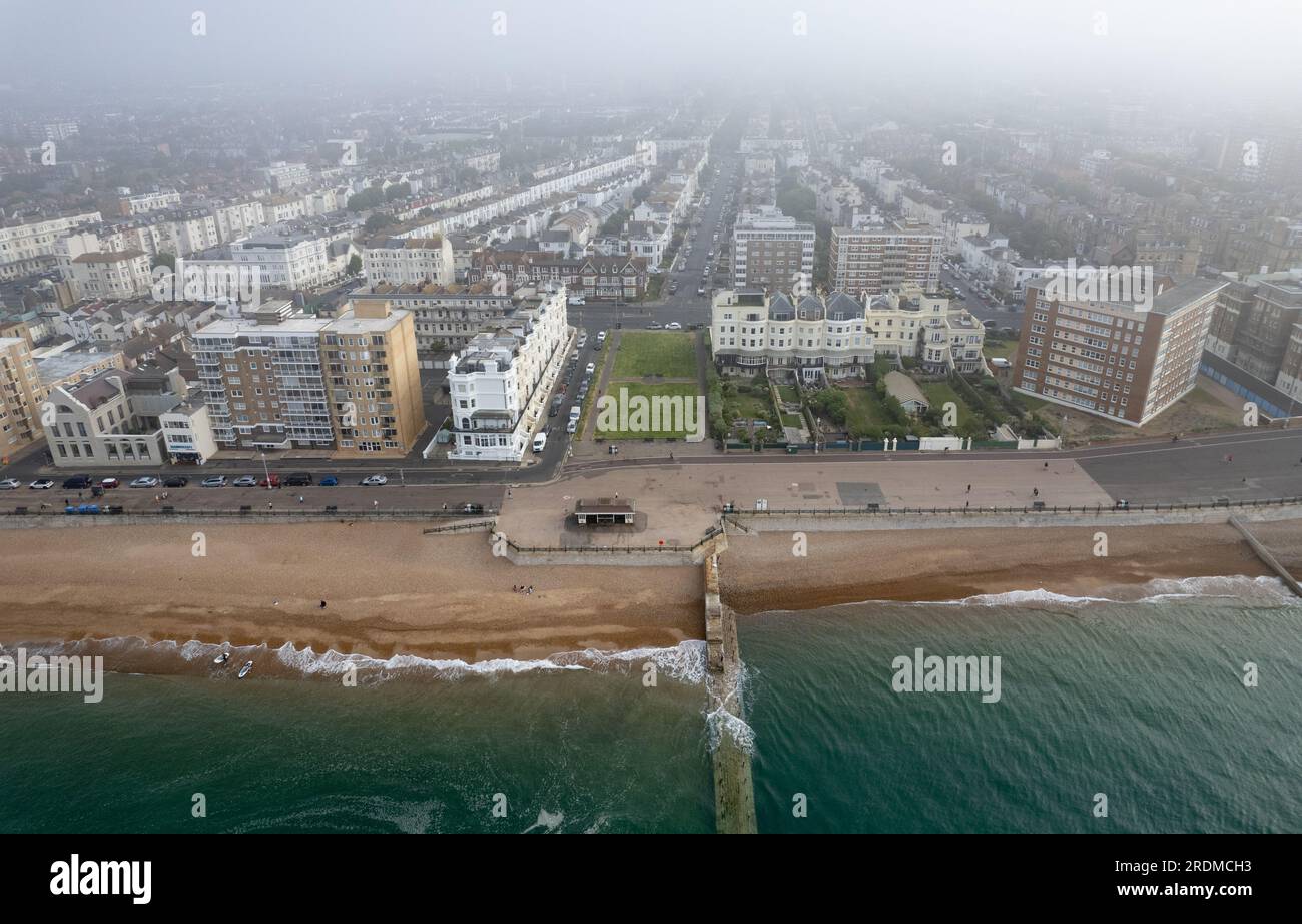 Drone aerial scenery of Brighton City and coast in Sussex United Kingdom. Top view of cityscape. Stock Photo