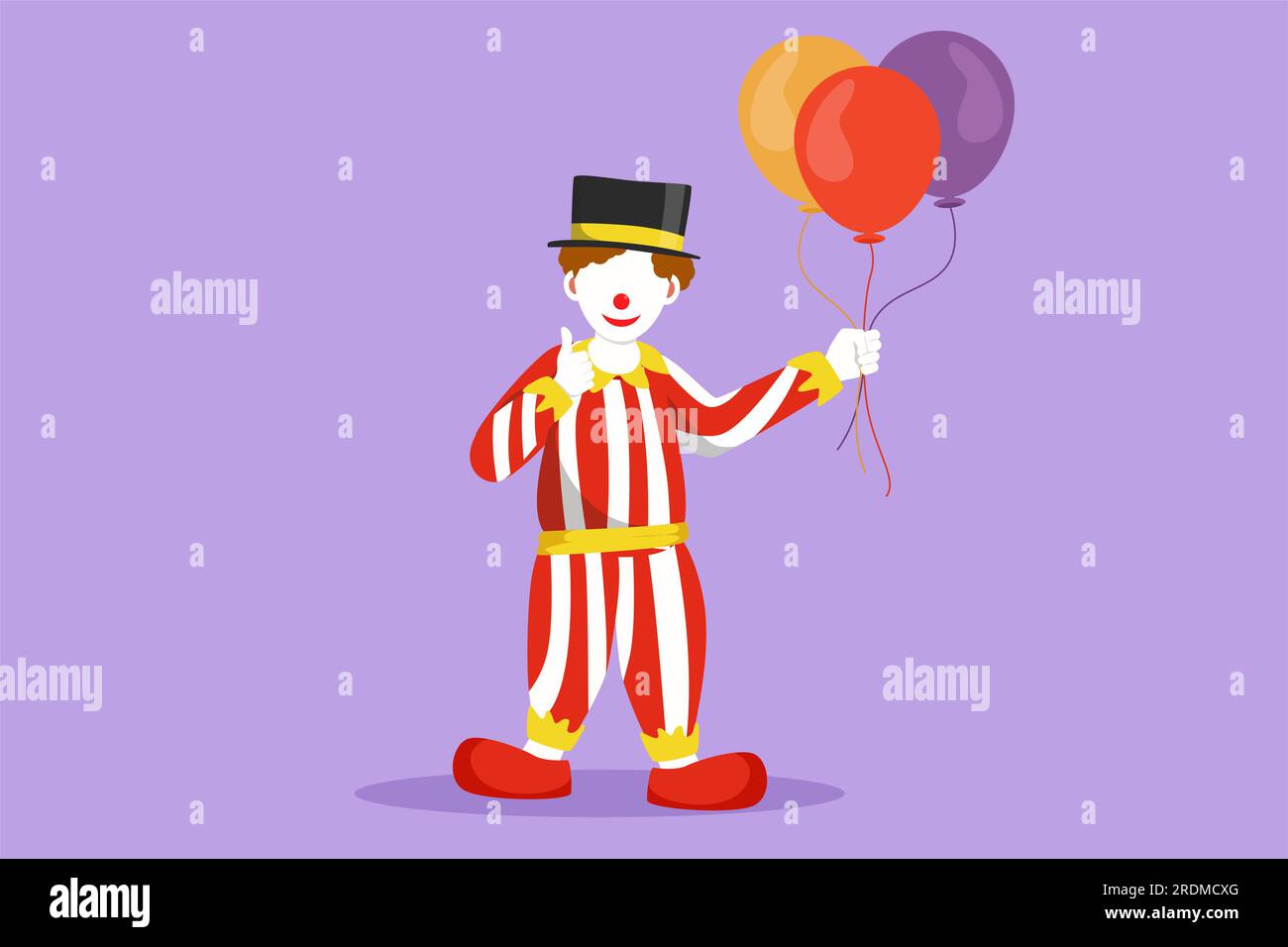 Graphic flat design drawing clown standing and holding balloons with thumbs up gesture wearing hat and clown costume ready to entertain audience in th Stock Photo