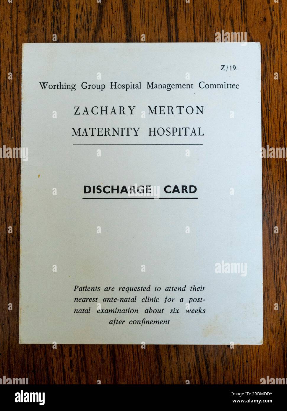 Zachary Merton Maternity Hospital baby discharge cards safety pins and memorabilia from 1959 Stock Photo