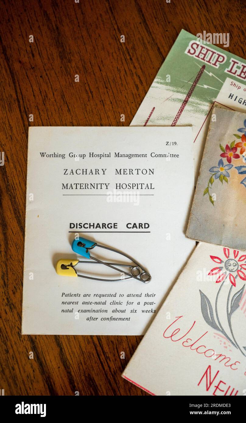 Zachary Merton Maternity Hospital baby discharge cards safety pins and memorabilia from 1959