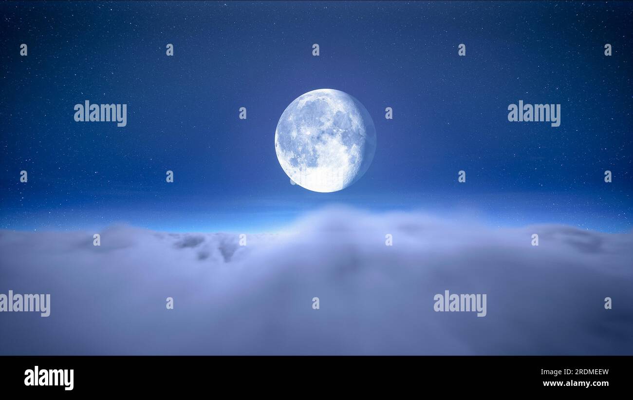 moon on the blue starry sky with clouds moving at night. Christmas night background. Cloudy sky. Beautiful cloudscape Stock Photo