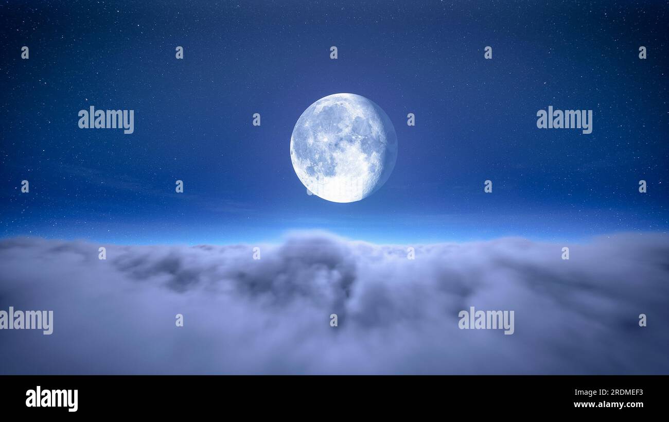 moon on the blue starry sky with clouds moving at night. Christmas night background. Cloudy sky. Beautiful cloudscape Stock Photo