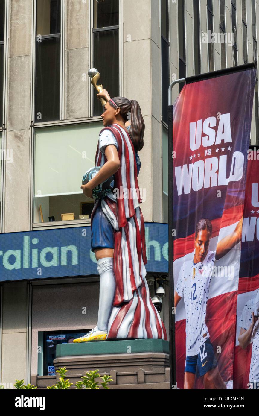 'Liberty Alex' soccer statue is on display at Fox Square, 2023, New York City, USA Stock Photo