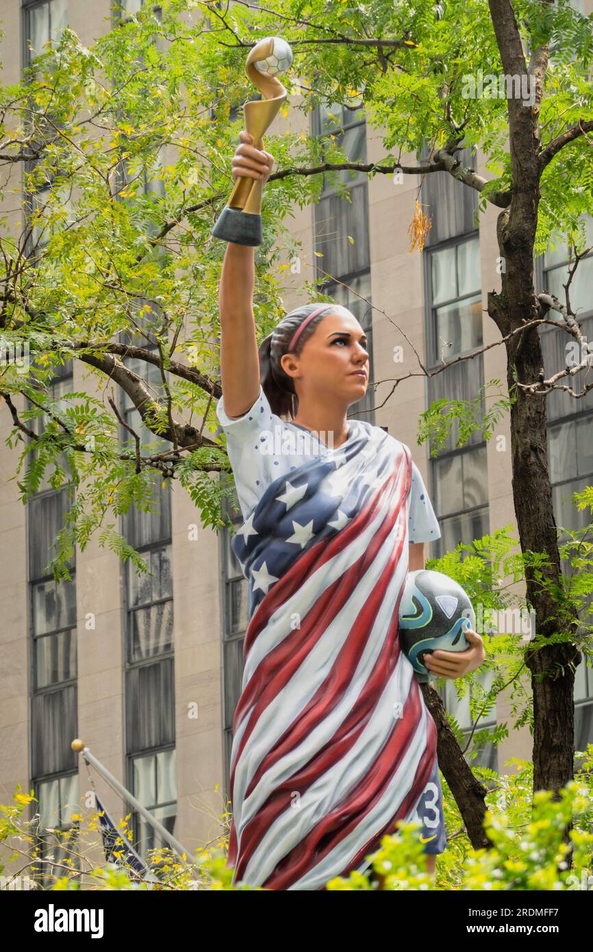 'Liberty Alex' soccer statue is on display at Fox Square, 2023, New York City, USA Stock Photo