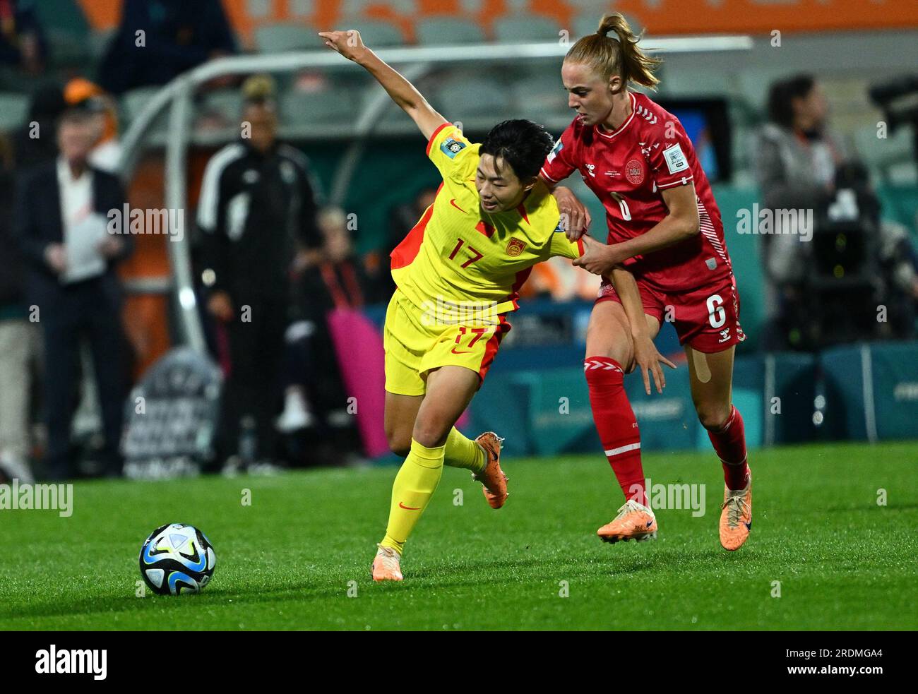 Perth, Australia. 22nd July, 2023. Wu Chengshu (L) of China vies against Karen Holmgaard of Denmark during the group D match between Denmark and China at the 2023 FIFA Women's World Cup in Perth, Australia, July 22, 2023. Credit: Li Yibo/Xinhua/Alamy Live News Stock Photo