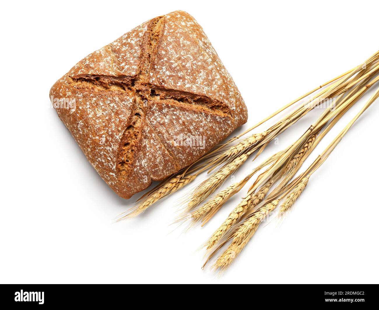 Loaf of fresh rye bread and wheat ears isolated on white background ...