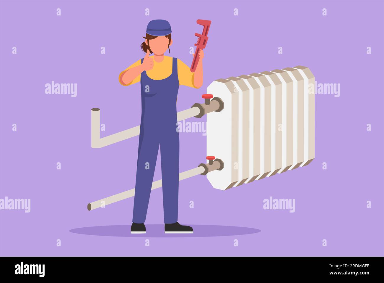 Cartoon flat style drawing female plumber standing holding wrench with thumb up gesture was ready to work on repairing leaking drain in houses drains Stock Photo