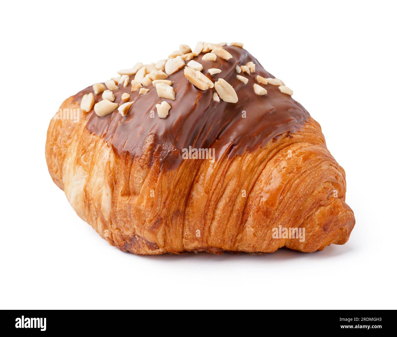 Tasty sweet croissant with chocolate and nuts isolated on white