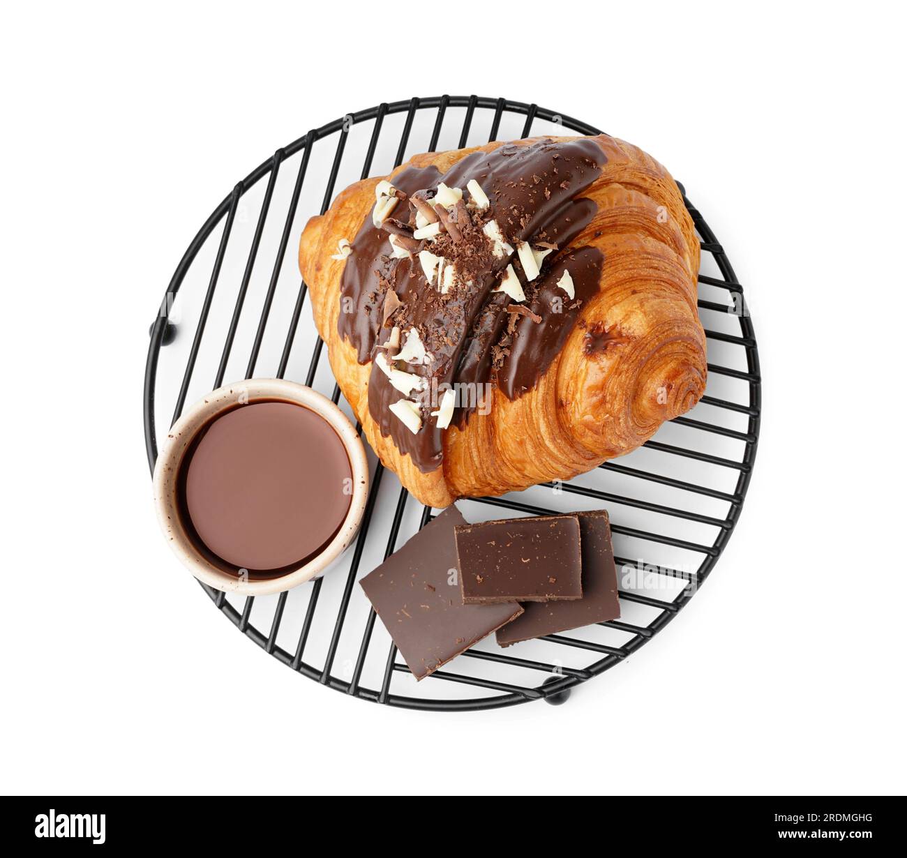Grid of tasty sweet croissant with chocolate and nuts isolated on white