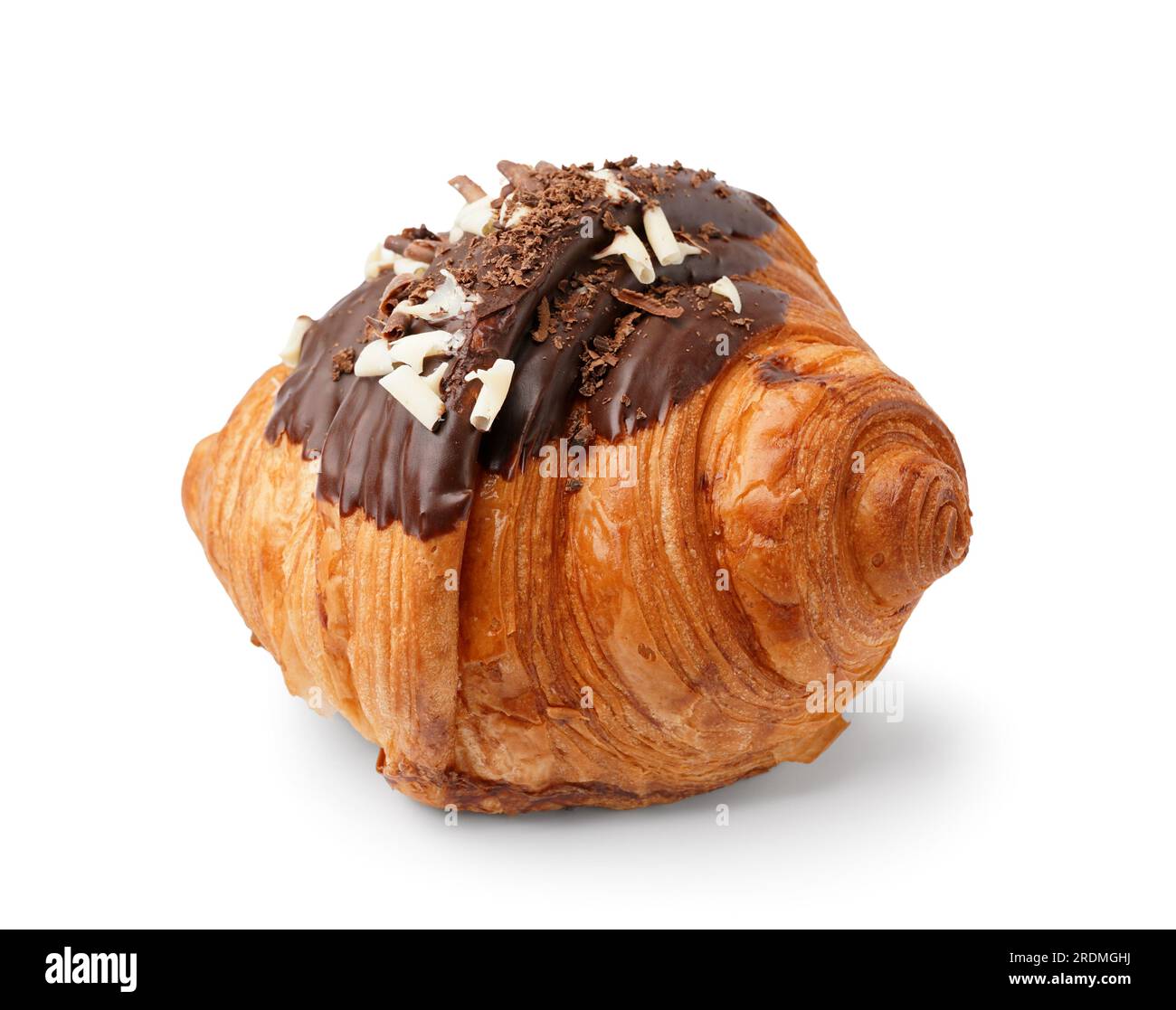 Tasty sweet croissant with chocolate and nuts isolated on white