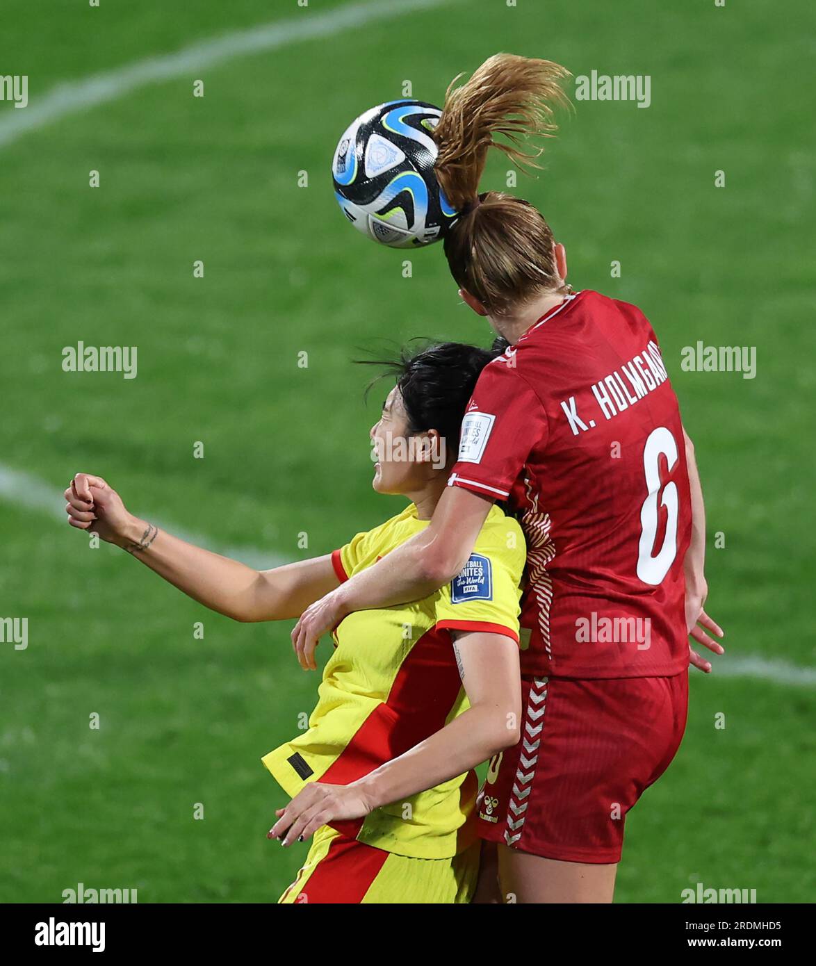Perth, Australia. 22nd July, 2023. Yang Lina (L) of China vies against Karen Holmgaard of Denmark during the group D match between Denmark and China at the 2023 FIFA Women's World Cup in Perth, Australia, July 22, 2023. Credit: Zhang Chen/Xinhua/Alamy Live News Stock Photo