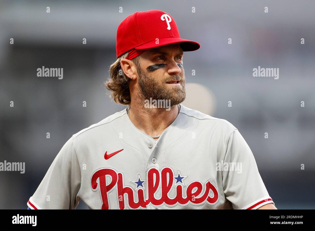 Bryce Harper of Philadelphia Phillies reacts after his at bat