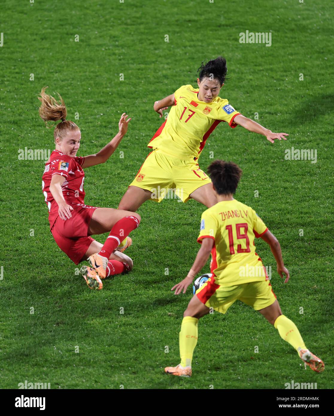Perth, Australia. 22nd July, 2023. Wu Chengshu (C) and Zhang Linyan (R) of China vie against Karen Holmgaard of Denmark during the group D match between Denmark and China at the 2023 FIFA Women's World Cup in Perth, Australia, July 22, 2023. Credit: Zhang Chen/Xinhua/Alamy Live News Stock Photo