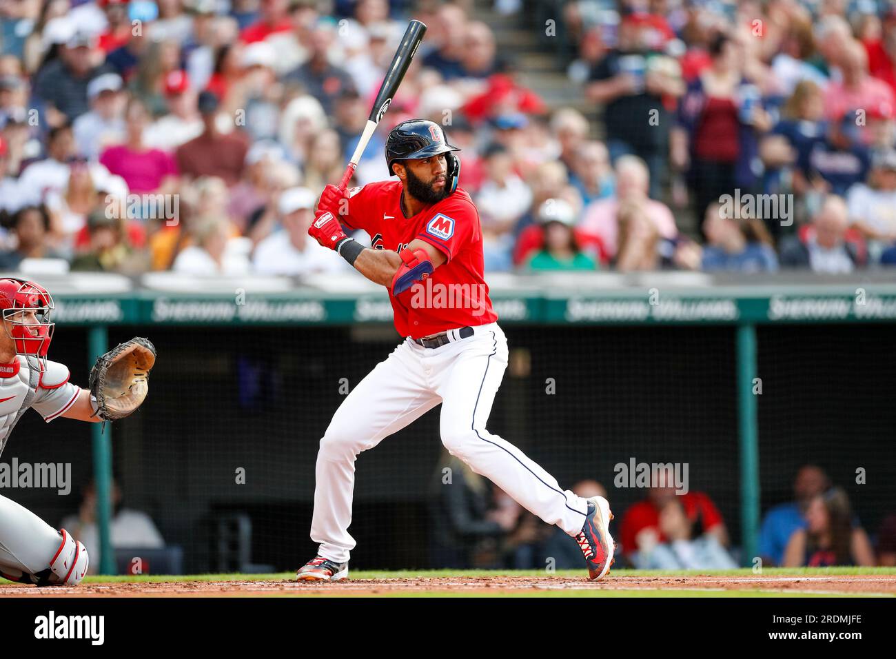 Cleveland Guardians shortstop Amed Rosario (1) waits for the pitch during a MLB regular season game between the Philadelphia Phillies and Cleveland Gu Stock Photo