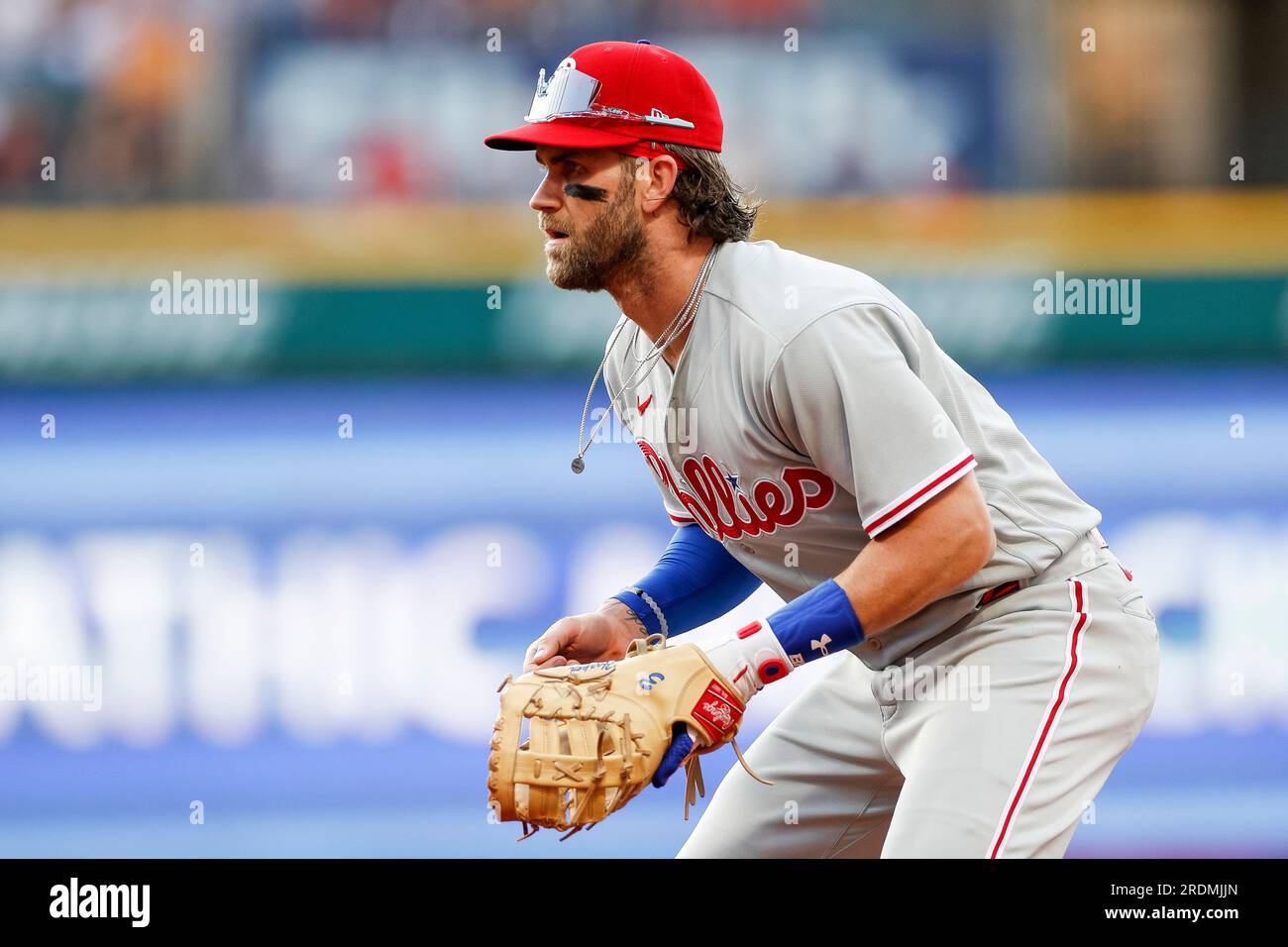 Philadelphia Phillies first basemen Bryce Harper (3) in a defensive stance  during a MLB regular season game between the Philadelphia Phillies and Clev  Stock Photo - Alamy