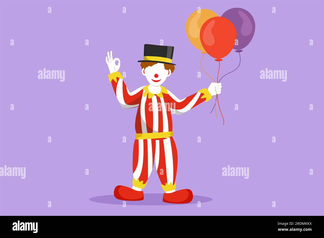 Character flat drawing of funny clown standing and holding balloons with gesture okay, wearing hat and clown costume ready to entertain audience in th Stock Photo