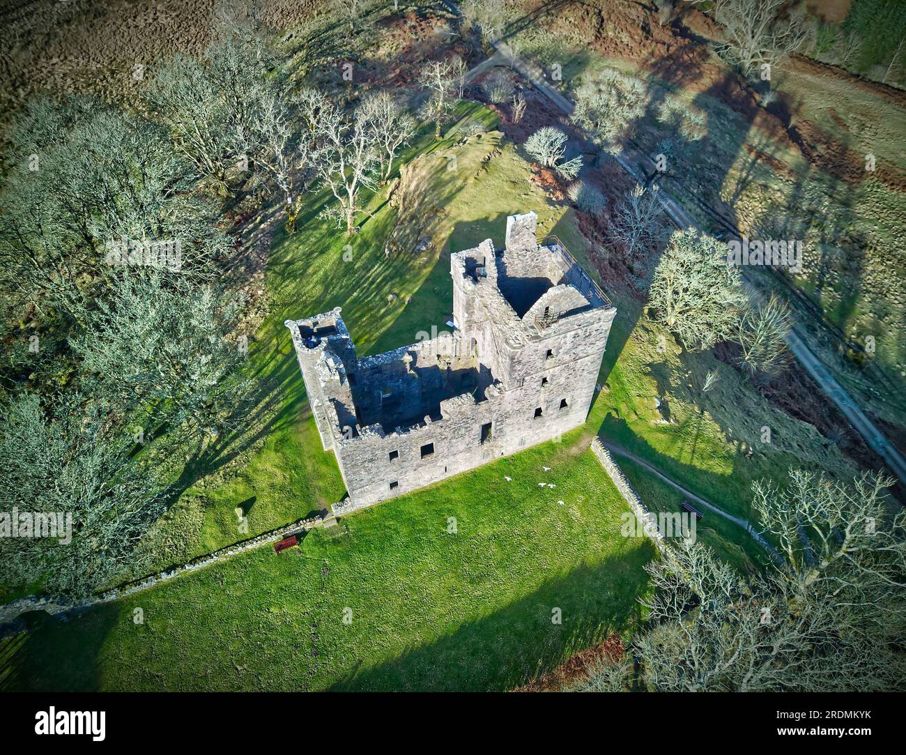 Aerial view of Carnasserie Castle (also spelled Carnassarie), a ruined 16th-century tower house. Near Kilmartin, Argyll, Scotland. Stock Photo