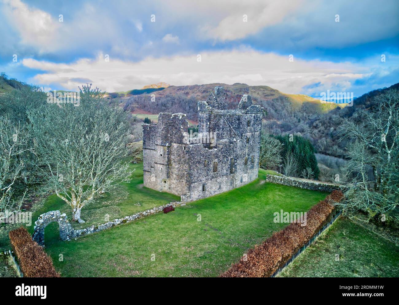 Aerial view of Carnasserie Castle (also spelled Carnassarie), a ruined 16th-century tower house. Near Kilmartin, Argyll, Scotland. Stock Photo