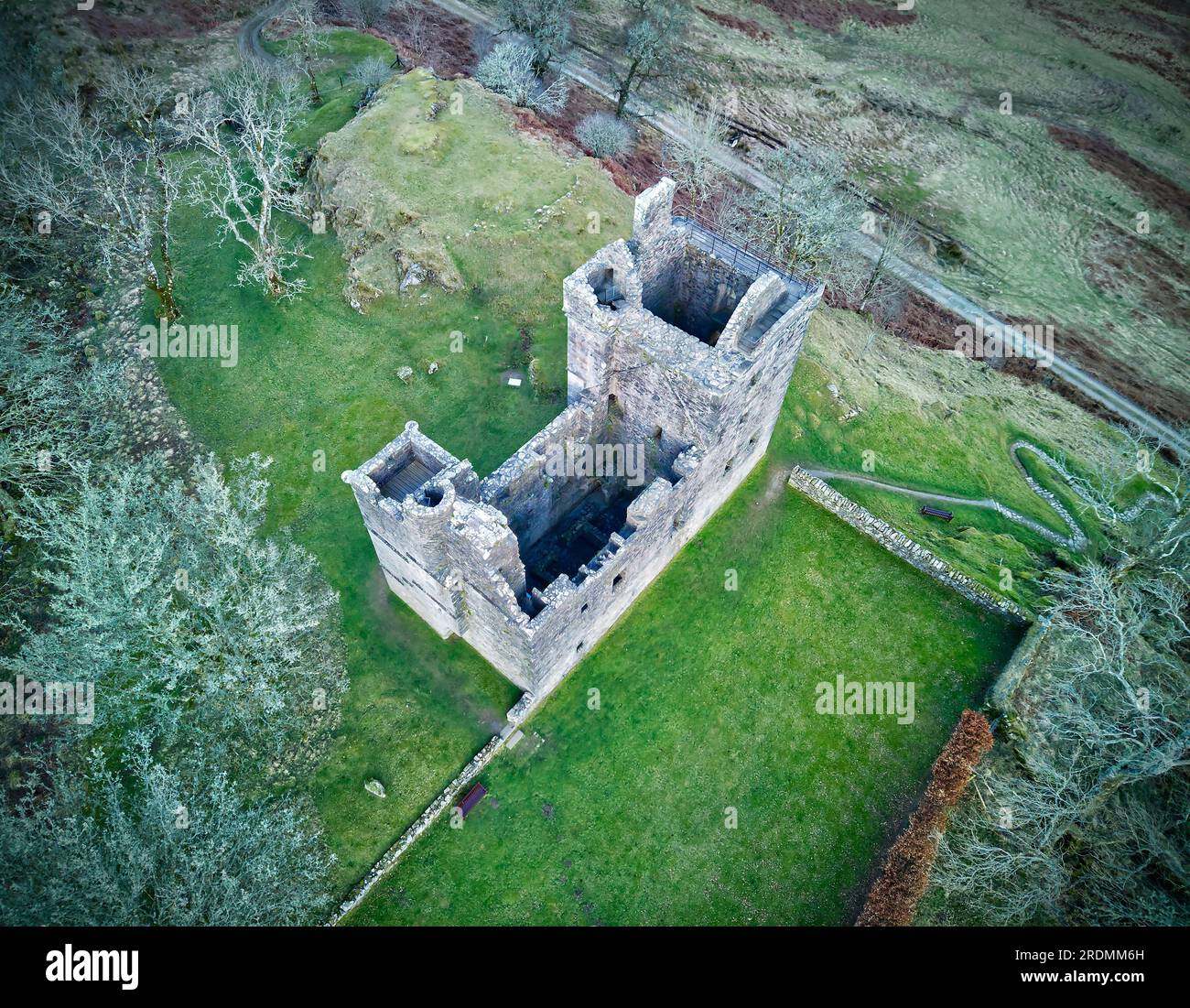 Aerial view of Carnasserie Castle (also spelled Carnassarie), a ruined