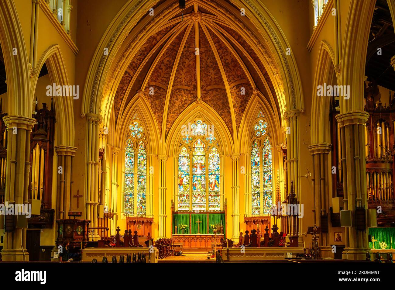 Toronto, Canada - July 19, 2023: The Cathedral Church of St. James. Symmetry view of front dome or cupola. Stained glass skylights in the altar Stock Photo