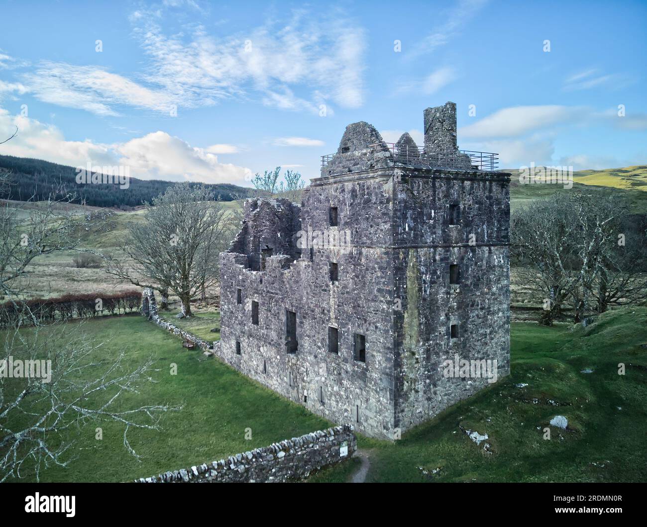 Aerial view of Carnasserie Castle (also spelled Carnassarie), a ruined