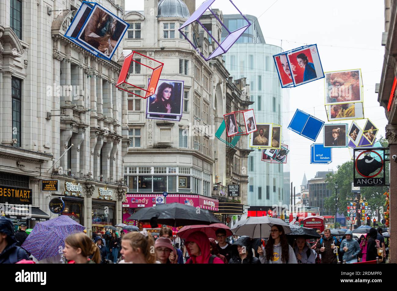 London, UK. 22 July 2023. Decorated cubes hang overhead in Coventry