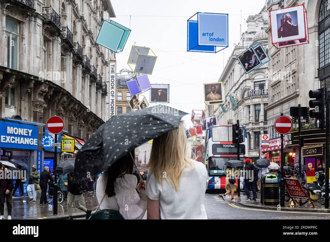 London, UK. 22 July 2023. Decorated cubes hang overhead in Coventry