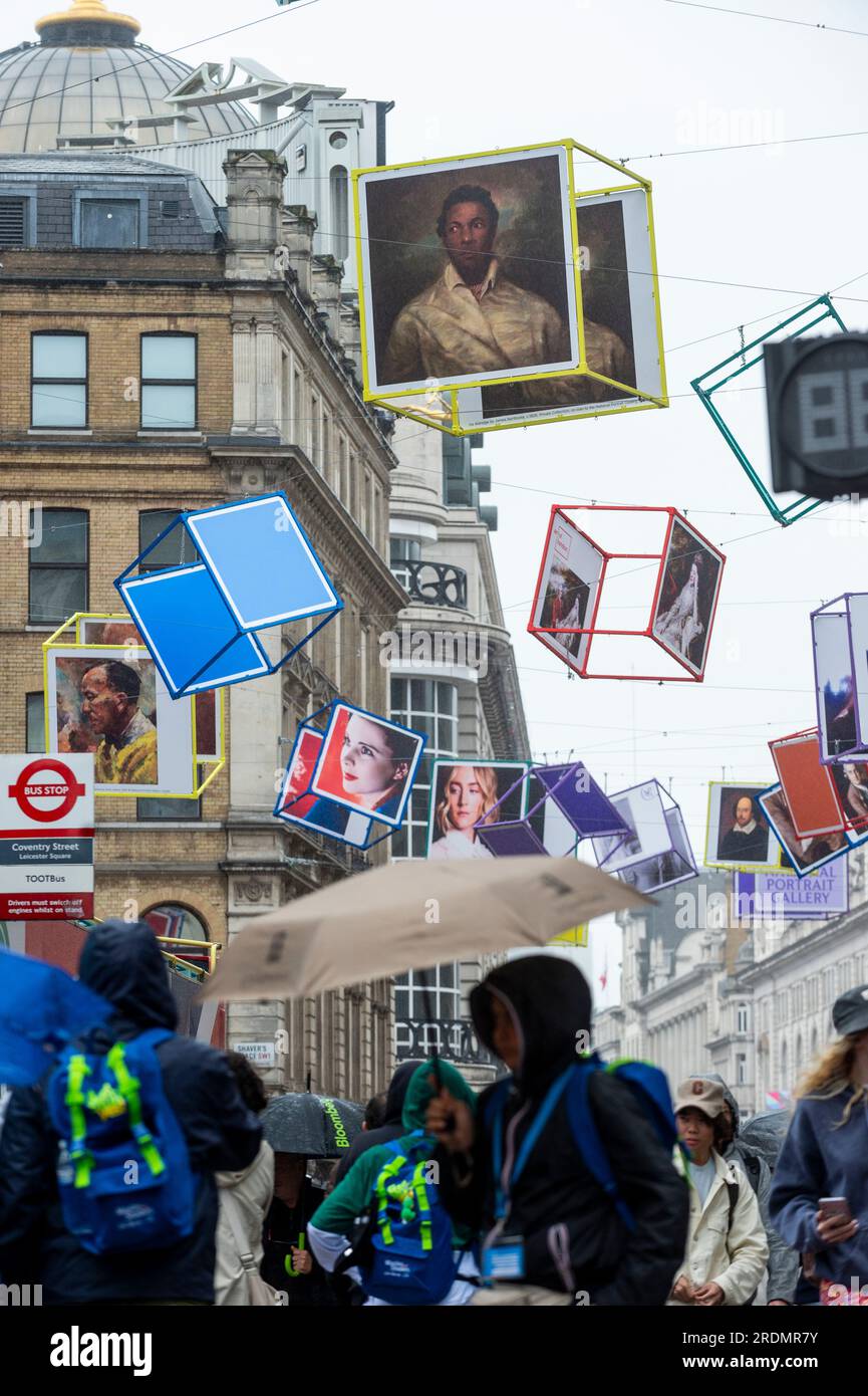 London, UK. 22 July 2023. Decorated cubes hang overhead in Coventry Street, just off Leicester