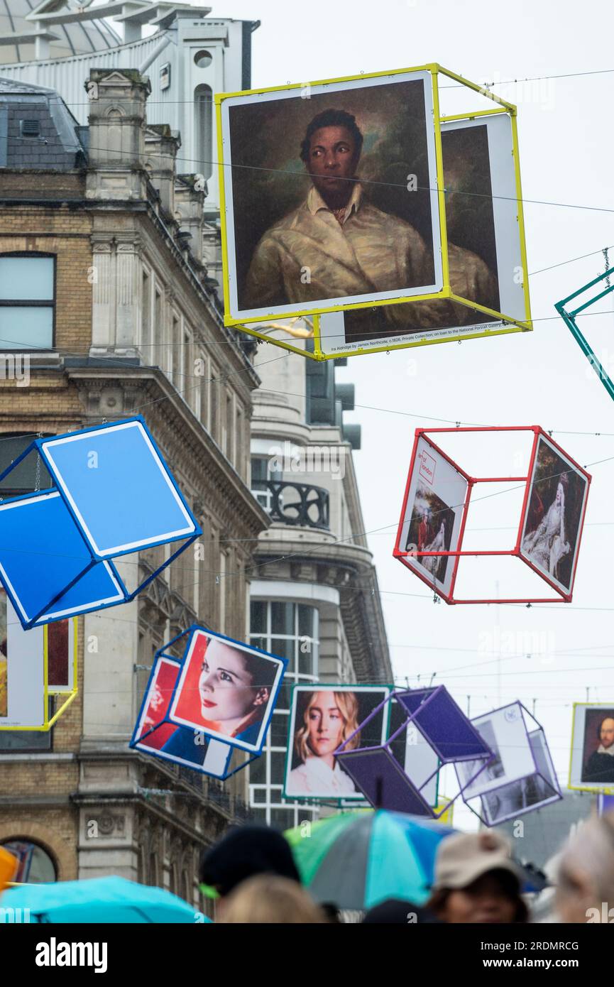London, UK. 22 July 2023. Decorated cubes hang overhead in Coventry