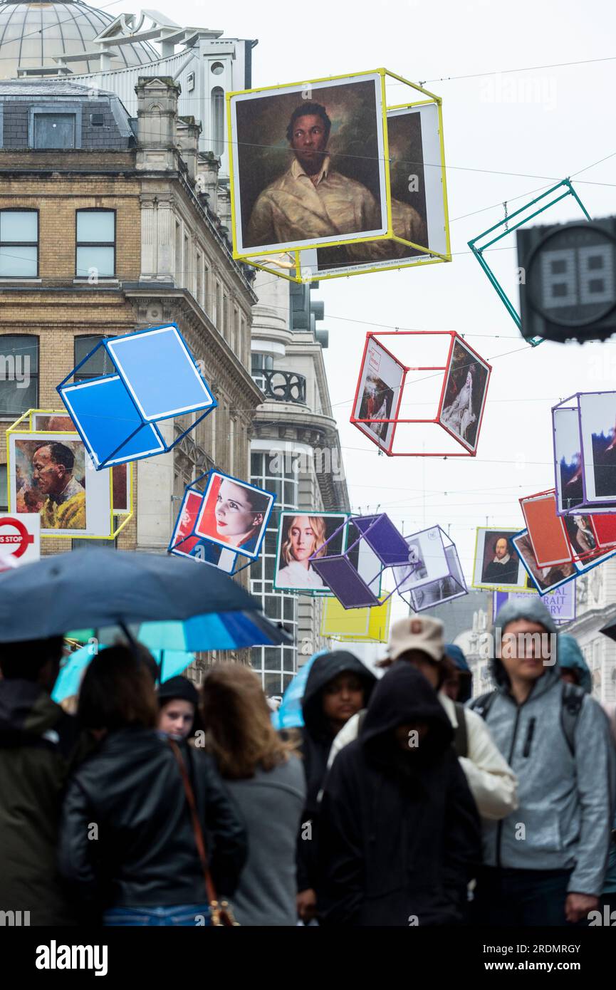 London, UK. 22 July 2023. Decorated cubes hang overhead in Coventry
