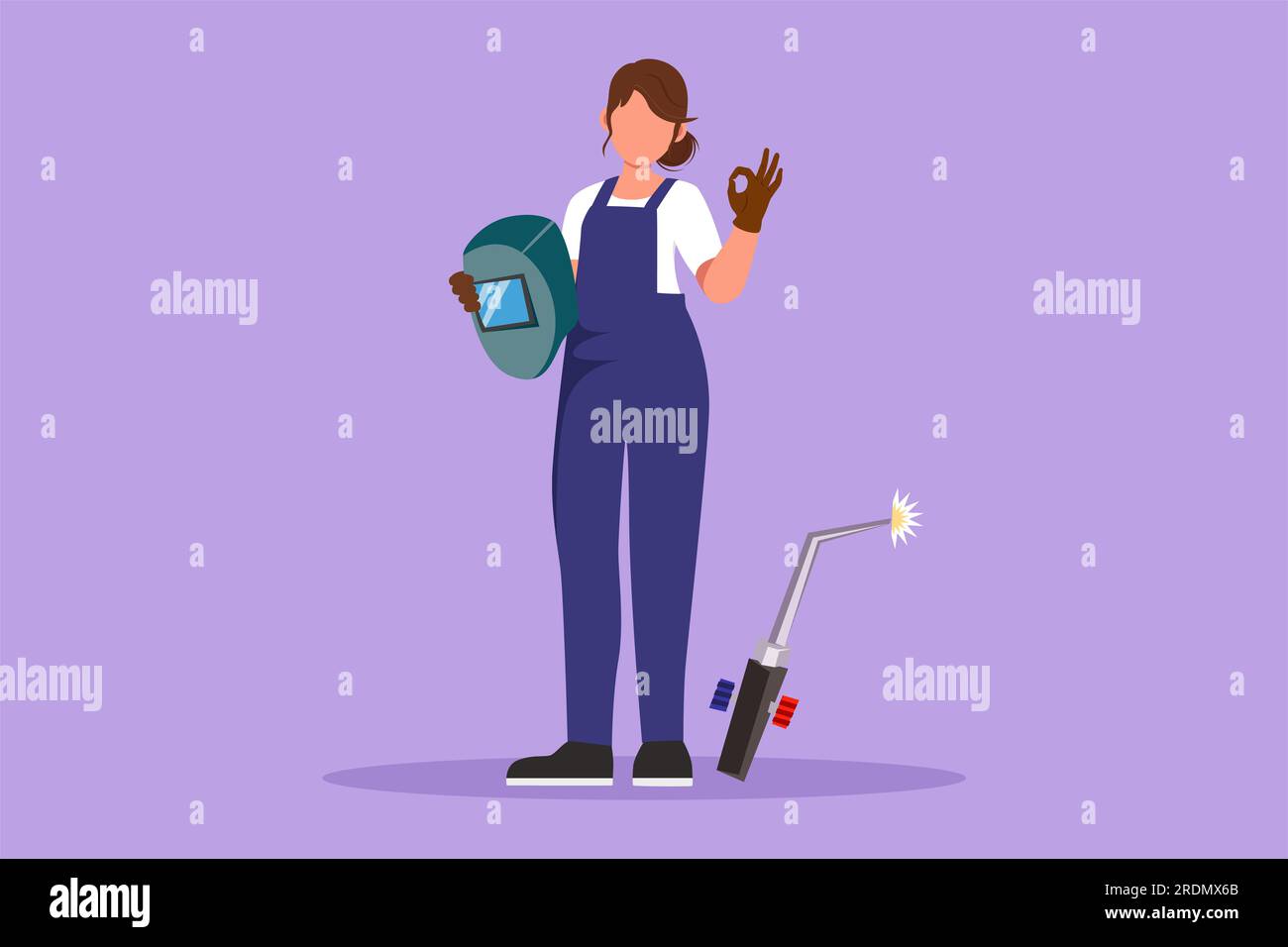 Graphic flat design drawing beauty female welder standing with okay ...