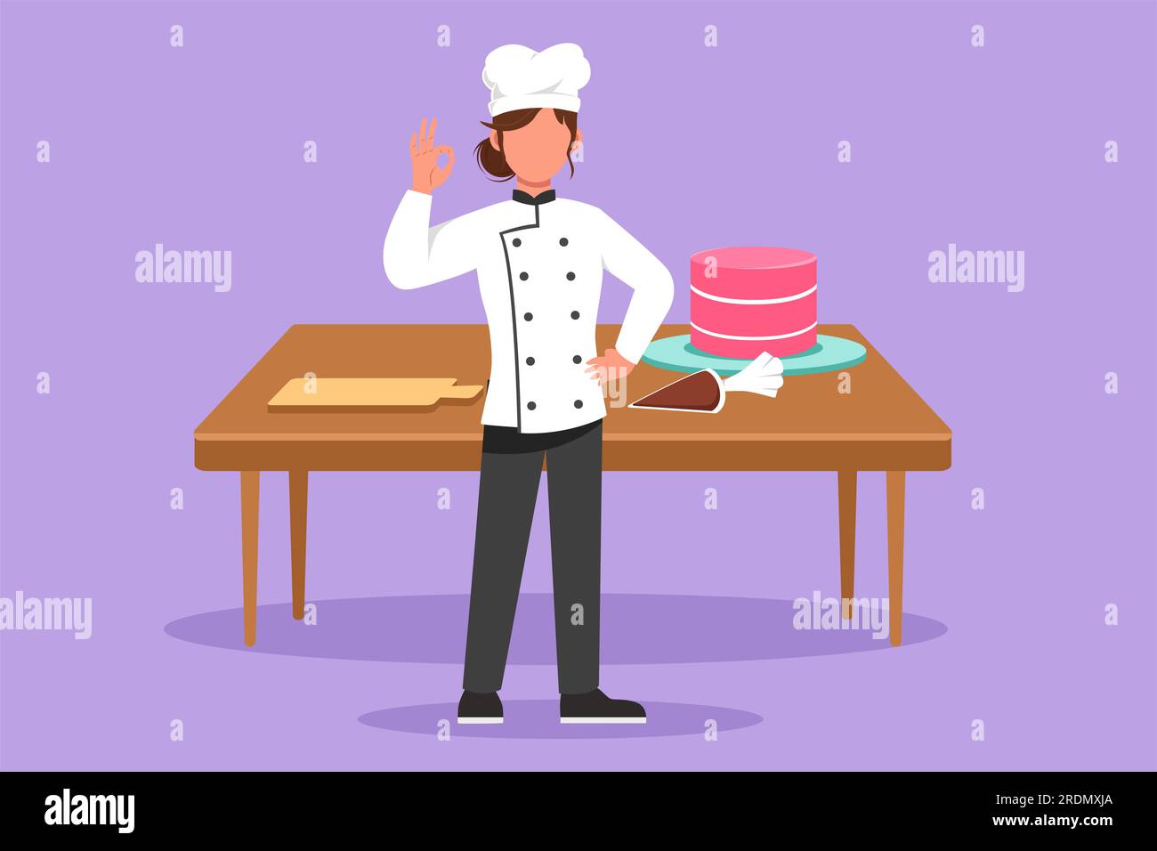 Cartoon flat style drawing chef standing with okay gesture and cooking ...