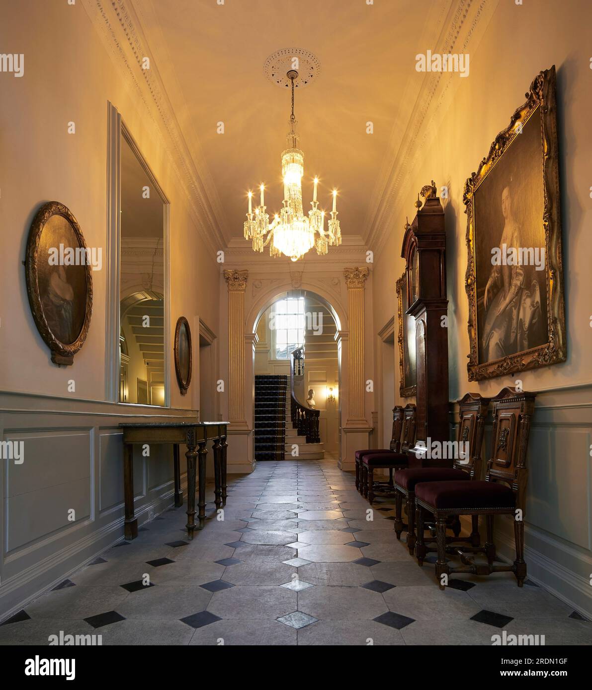 Corridor leading to stairway. York Mansion House, York, United Kingdom. Architect: De Matos Ryan, 2018. Stock Photo