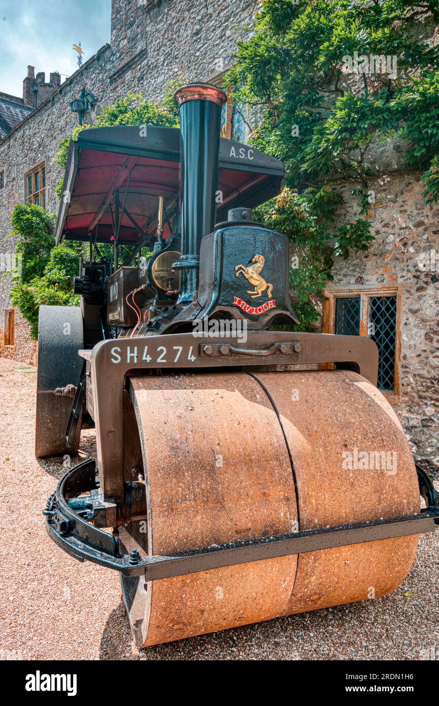 Old steam roller parked outside Forde Abbey, Chard, Somerset, UK Stock Photo