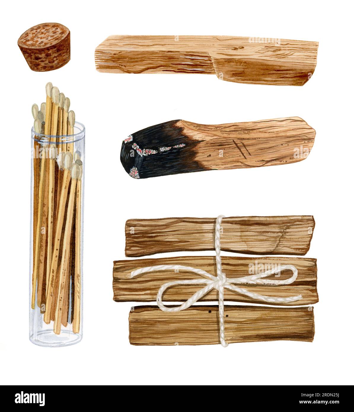 A set of an opened glass bulb with matches, new Palo Santo stick, burnt Palo Santo stick and a bunch of three new Palo Santo sticks Stock Photo